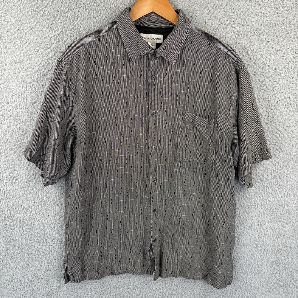 Pronto Uomo 100% Silk Shirt Mens XL Gray Geometric‎ Short Sleeve Button Casual